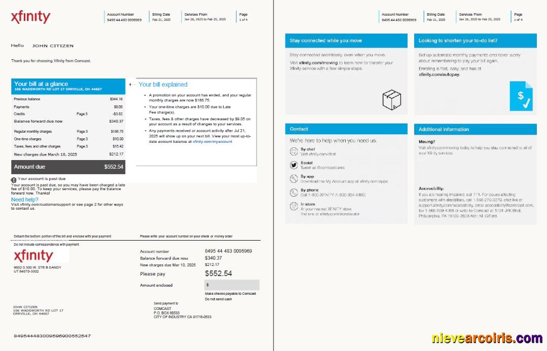 USA Xfinity utility bill, 4 pages, version 2, 1-2 pages